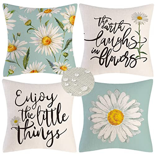 Morwealth 4 Stück Outdoor Kissenbezug,Dekokissen Leinen Kissenbezüge Wasserfest Geometrische wasserdichte Kissenhüllen wetterfest Werden für Schlafzimmer,Sofa,Garten (Minzgrün, 45X45 cm 4 Stück)