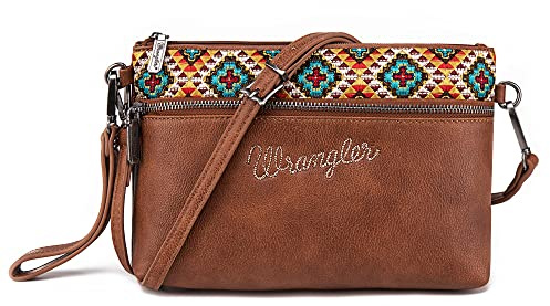 Wrangler Western Crossbody väskor för kvinnor kuvertväska handledsväska, Broderad brun