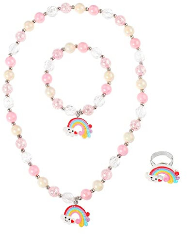 Abeillo 3 Stück Kinder Schmuck Set Kinderschmuck für Mädchen, Kleinkind Halskette Armband Ring Set, Regenbogen Perlenkette Perlenarmband Schmucksets für Party Geschenke Geburtstag