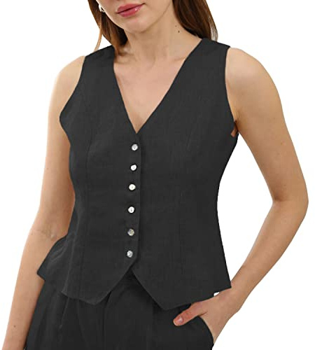 Amazhiyu Chaleco de lino puro para mujer, chaleco de lino sin mangas, con botones, cuello en V, chaleco de verano, chaleco con correa ajustable, Negro, L
