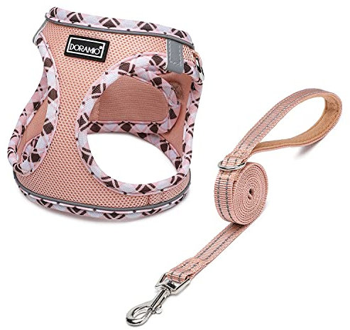 DORAMIO Hundegeschirr Kleine Hunde mit Leine, Step-in Geschirr Reflektierend Atmungsaktiv Brustgeschirr Anti Zug Sicherheitsgeschirr Katzengeschirr für Kleine Hunde, Katzen (Champagner, S)