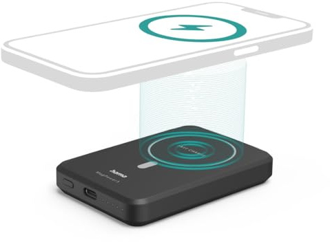 Hama Wireless Powerbank 5000 mAh (Akkupack für induktiv Laden, magnetischer Power Pack für Apple MagSafe geeignet, Power Bank mit USB C, kleines, tragbares Ladegerät) schwarz