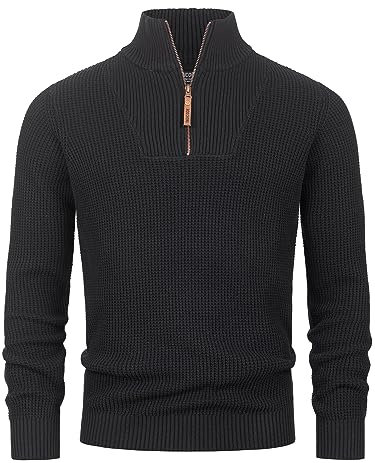 Indicode Herren INYassip Strickpullover mit Stehkragen | Pullover Herrenpulli mit Kragen und Reißverschluß Black, L