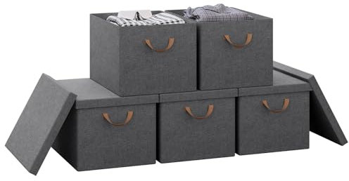 WOLTU Aufbewahrungsbox mit Deckel 5 Stück, aus Polyesterstoff, für Schlafzimmer, Arbeitszimmer, Wohnzimmer, Organizer Box groß mit Griffen, faltbar, Grau, 48x30x36 cm