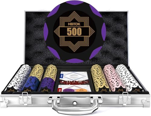HEITOK Pokerset 300 Stück – Premium Pokerchips-Set aus Clay, 14g Casinoqualität, Nummerierte Art Deco Chips, Aluminiumkoffer, Komplettzubehör für Texas Hold’em, Blackjack & Familien Pokerabend