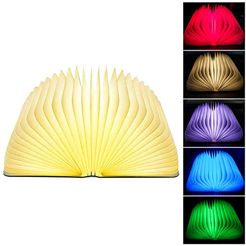 MOBXPAR Lampada a libro pieghevole, luce d'atmosfera, 5 colori, luce notturna a LED a forma di libro, ricaricabile tramite USB, lampada da comodino in legno per decorazione domestica, regalo di