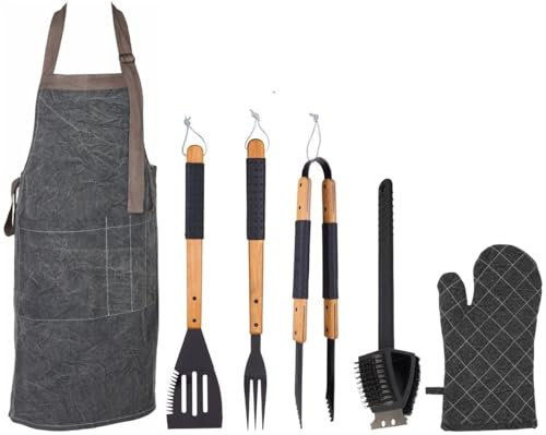5pcs Premium BBQ Tool Set for Gas or Charcoal Barbecue Grills - Includes; Tongs, Fork, Spatula, Cleaning Wire Brush, Apron