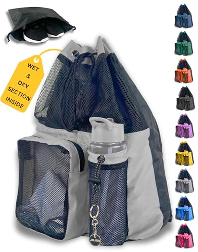 JIMJOOS Bolsa de natación de malla con cordón, bolsa de natación impermeable de 25 L con compartimento húmedo y seco, mochila deportiva multifuncional para niños, adultos, natación, surf, playa