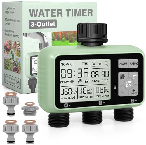 AQXONG Automatischer Bewässerungstimer, Gartenbewässerungstimer mit LCD Display, 3 Strecken Wasserhahn Timer anschließen, Kindersicherungsmodus, Verzögerte Bewässerung Nach Regen, IPX5 Wasserdicht