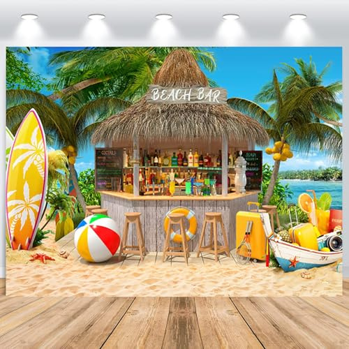 ASDCXZ Toile de Fond Photo de Hawaïen Plage 2.2x1.5m, Été Tropical Palmiers Plage Bar Planche de Surf Luau Tiki Photographie Fond Hawaïen Aloha Anniversaire Fête Décoration Bannière Studio Accessoires