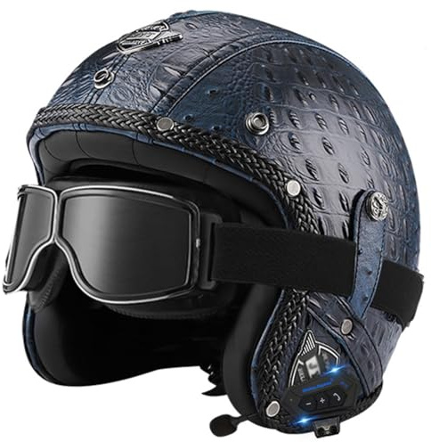 Motorcykel Bluetooth-hjälm Retro Jet-hjälm Open Face-hjälm DOT ECE-certifierad Män Kvinnor Anti-Crash-hjälm 3/4 Läderhjälm Halvhjälm Med Glasögon(E,S=(55~56cm))