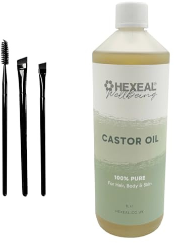 Hexeal Castor Oil 1L with 3 Pack of Brushes – 1L Bottle Of 100% Pure, Cold Pressed, Food Grade Castor Oil - Natural Moisturiser for Hair, Eyelashes, Eyebrows, Skin & Nails