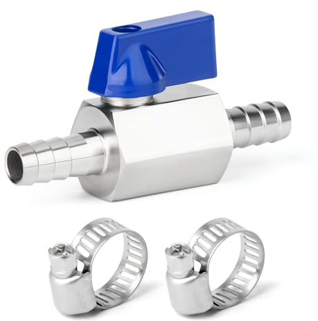 ERGAOBOY 1 st 10 mm hullingkulventil med 2 st slangklämmor, 304 rostfritt stål mini avstängningsventil för vatten gas bränsle droppbevattning och akvarier