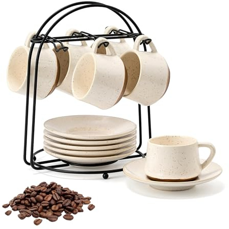 PORCER 6×130 ml (4,4 oz) Keramik-Kaffeetasse und Untertasse mit schwarzem Metallständer, stapelbare Cappuccino- und Espressotassen für spezielle Kaffeegetränke, Latte, Americano, Tee - lustige Farbe