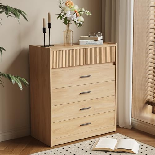 HOMAVO DG1 Cómoda con 6 Cajones, Blanco y Roble, 74x40x90 cm, Tablero de Partículas con Certificación FSC, Diseño Moderno Compacto (Madera Natural)