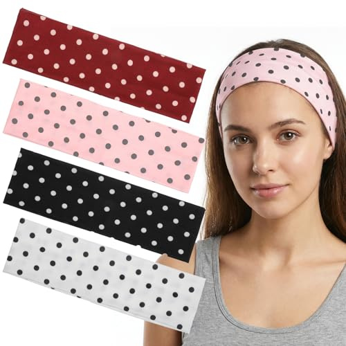 Ouligay 4 PCS Polka Dot Fabric Headbands for Women Elastic Non Slip Hair Bands Soft Comfortable Cloth Headband Retro Fashion Headbands for Yoga Workout and Daily Hair Accessories