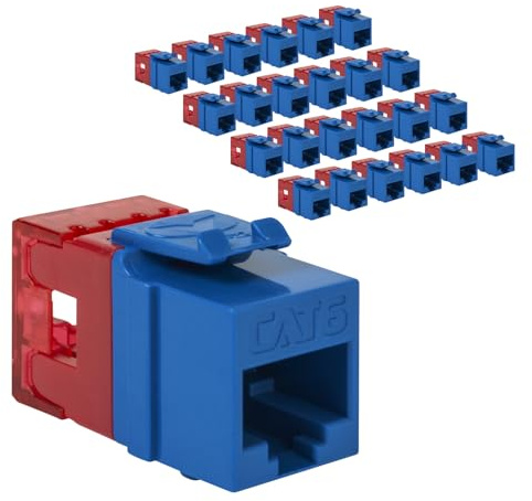 ICC CAT6 Keystone Jack with Slim Profile 180 Degree Punch Down, RJ45 UL Listed PoE++ TAA Compliant for Wall Plate or Patch Panel, Works with JackEasy Termination Tool, Blue 25 Pack