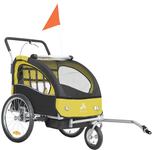 Aosom Elite 360 Swivel Bike Trailer for Kids Double Child Two-Wheel Bicycle Cargo Trailer with 2 Security Harnesses, Yellow