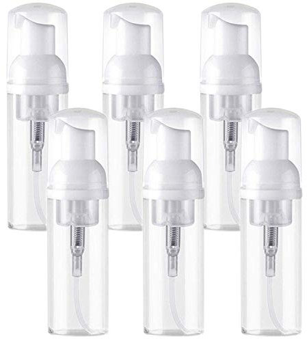 Alledomain, Set di 6 flaconi vuoti a pompa per sapone in schiuma, piccoli dispenser senza BPA, ricaricabili, in plastica trasparente, per pulizia, viaggi, cosmetici 60 ml.