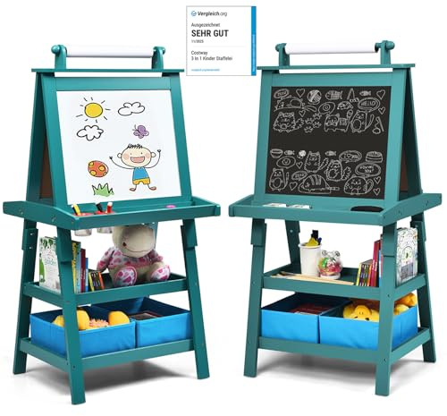COSTWAY Pizarra de Doble Cara para Niño Caballete de Infantil Tablero de Pie con 2 Cajas de Almacenamiento,Rollo de Papel y Estantes (Azul)