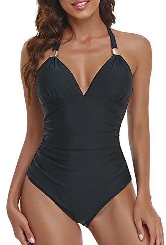 Traje de Baño de Una Pieza para Mujer Cuello en V Bañador Acolchado para Controlar la Barriga con Almohadillas Internas No Removibles Trajes de Bañadores Sin Espalda y con Pliegues (Negro, XL)