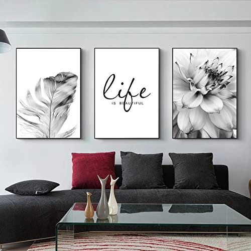 Trayosin 3-teiliges Premium Poster Set Aesthetic Blume Schwarz Weiß Feder Löwenzahn Bilder Moderne Wandbilder, Wohnzimmer Schlafzimmer Wanddeko Art ohne Rahmen (A,50x70cm)