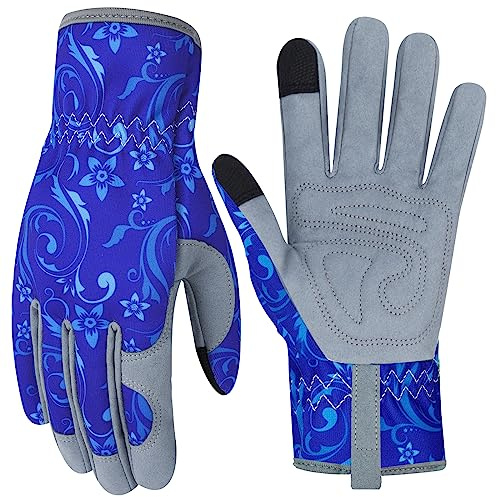 MERTURN Leather Gardening Gloves for Women Garden Gloves Thorn Proof Touch Screen Design Heavy Duty Yard Working Gift Blue Flower, M