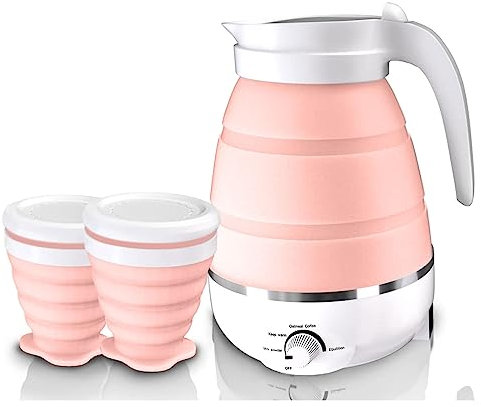 Hervidor Eléctrico Plegable, 600ml Hervidor Agua Electrico Pequeño Hervidor de Té para Camping de 0,6 L con 2 Tazas Plegables y Múltiples Ajustes, Hervidor de Viaje de Silicona de 850 W (Rosa)