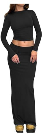 QKEPCY Conjunto Vestido 2 Piezas Otoño para Mujer Conjunto Casual Top Corto Manga Larga Ropa de Calle Y3k Falda Punto para Mujer Conjunto Vestido Elegante (M)