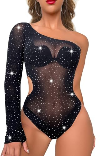 NLAND Body Femme Lingerie en Résille Transparent Dos Nu Bodysuit Mesh à Une Seule Manche Casual Confortable Jumpsuit Clubwear(Noir)