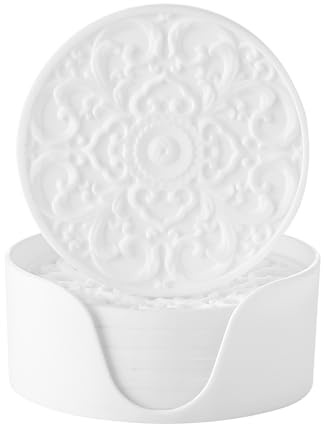 Colinda Silicone Coasters - Set of 6 with Holder, Non-Slip Cup Mats for Hot and Cold Drinks, Decorative Designs, Gift Ready Packaging, White