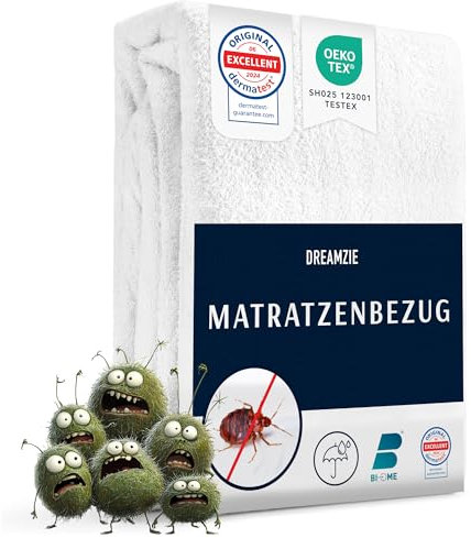 Dreamzie Matratzenbezug 180x200x20 cm gegen Milben und Bettwanzen - Milbenbezug Matratzen Komplett mit Reißverschluss - Matratzenschoner 180x200cm für Allergiker - Wasserdicht, Bi-Ome und Öko-Tex