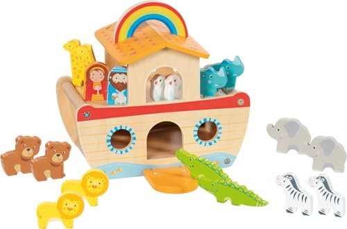 goki 51464 - Meine kleine Arche Noah, buntes Lernspielzeug aus Holz für Kinder, Tiere wie Löwe, Elefant, Bär, Nilpferd, Zebra, 20-er Set, ab 3 Jahre