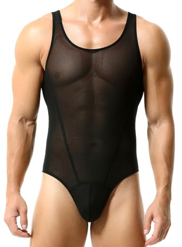 IBAKOM Men's Sheer Mesh Bodysuit Leotard See-through Wrestling Singlet Shapewear One Piece Mesh Fitness Jumpsuits Thongs Undershirt Black M