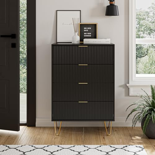 Masupu 4 Drawer Dresser, Drawer Chest, Tall Storage Chest Cabinet Organizer Unit with Metal Legs, Small Dresser for Bedroom, Living Room, Closet, Hallway Black Stripe