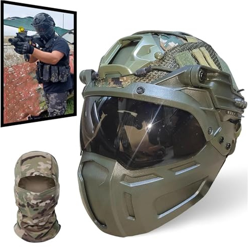 YChoolco Casque Tactique Airsoft Fast avec Housse de Casque Multicam Masque de Paintball intégral et Lunettes de Protection for la Chasse en Plein air, Le Jeu CS CBQ(Green)