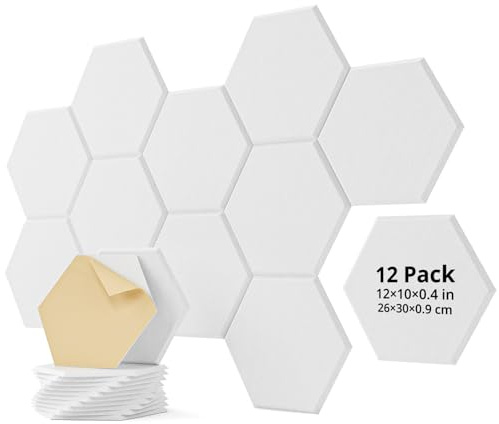 Woovio Sound Proofing Panels Self-adhesive, Hexagon Acoustic Wall Panels 12 Pack High Density Sound Absorbing Panels for Recording Studio, Living Room, Home Offices 30x30x0.9cm White