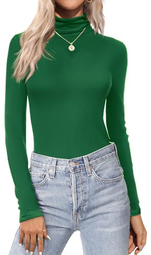 Zeagoo sous Pull Manches Longues pour Femme Basique Tee Shirt Décontracté Col Roulé Haut Doux Coupe Ajustée Tops Vert Foncé S