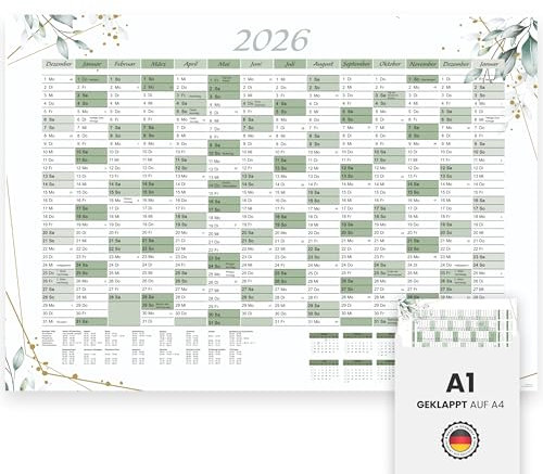 XXL Jahreskalender 2026 und Januar 2027 Jahresplaner in A1 im schönen Eukalyptus Blätter Design mit Ferien und Feiertagen Wandkalender Wandplaner Kalender Planer gefaltet gefalzt