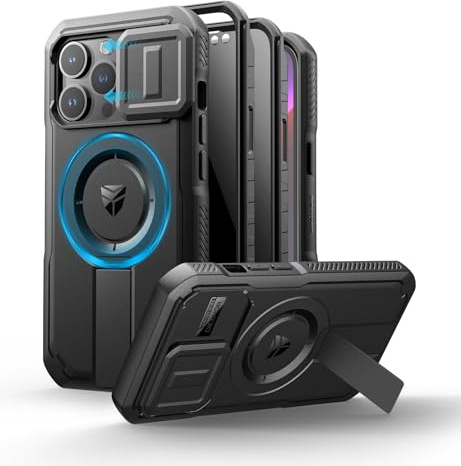 Dexnor Kompatibel mit iPhone 13 Pro Hülle mit Schiebekamera Abdeckung & Verstellbarem Kickstand & Privacy Screen Protector, Robuste Stoßfänger Hülle Heavy-Duty Mangetic Schutzhülle - Schwarz