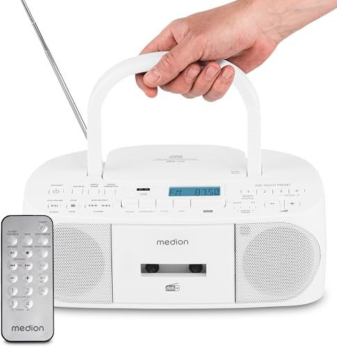 MEDION DRX-1 Plus Boombox (Radio Portable Dab+ et FM, Bluetooth, Lecteur CD, MP3, Cassette, Prise Casque, stéréo, AUX, sur Secteur & Piles) Blanc