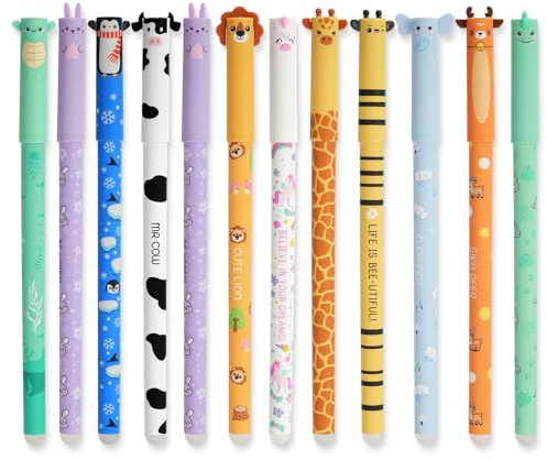 AUAUY 12 st raderbara gelpennor med termokänslig raderingsbläck, 0,7 mm spets, 8 bläckfärger, olika flaskdesign, med söta tecknade djur, utplåningpennor för studentpapper och kontorsmaterial