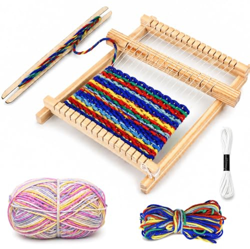 dellyy Métier à Tisser Enfant Bois, Kit Tissage 9 Accessoires et 3 Pelotes Laine, Métier à Tisser Débutant, Kit Créatif DIY pour Apprendre le Tissage, Activité Manuelle pour Enfants, École et Maison