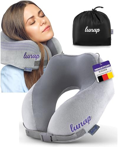 lunap Reisekissen Flugzeug | Nackenkissen Memory Foam atmungsaktiv + waschbar | Nackenhörnchen Erwachsene | Nackenkissen Flugzeug, Auto | Travel Pillow Neck GRAU | Flugzeug Reise Flugzeug
