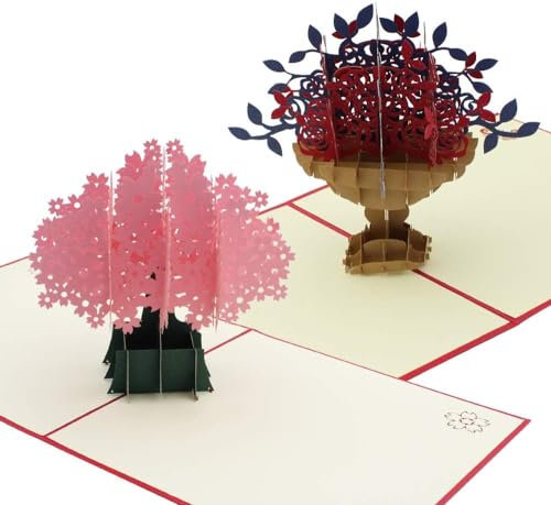 2 Stück Pop Up 3D Karte Grußkarte Geburtstagskarte mit Umschlag Rosa Kirschblüte Valentinstag Karte für Hochzeitstag, Hochzeitsgeschenk, Geburtstag Graduierung Karte Hochzeitseinladung
