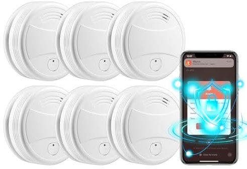 Verbesserter Rauchmelder WLAN mit App und Austauschbarer Batterie, 85dB Rauchmelder Smart Geeignet für Schlafzimmer und Werkstattküche（6 Stück）