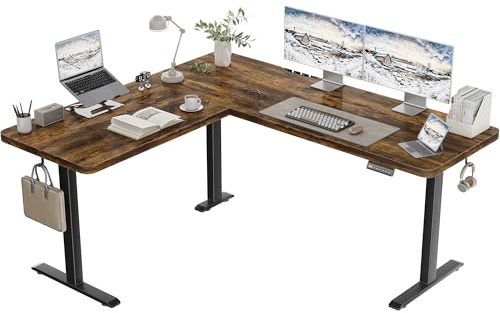 TRIUMPHKEY Bureau Assis Debout d'angle Électrique en L, 160x140cm, Marron | Hauteur Réglable 73-118 cm, Fonction Mémoire 3 Positions, Moteur Unique Silencieux