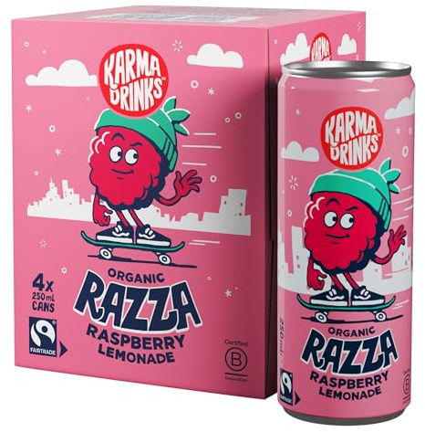Karma Drinks Razza Raspberry Pink Lemonade - 4 x 250ml Cans - Natural Fizzy Soft Drinks, Fairtrade, Organic & Vegan