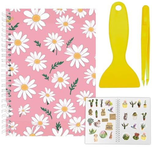 CRASPIRE Reusable Sticker Book Sticker Daisy Flower Pink Collecting Book Album A5 Size 40 Sheets Reusable Sticker Organizer Storage Book Sticker Book with Tweezer and Spatula