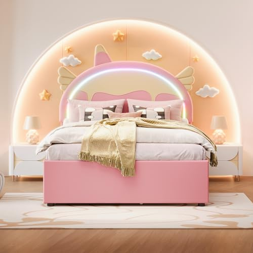 Witimisy Cuna infantil con diseño de unicornio, con cama enrollable extraíble, material de poliuretano, 203 x 144 x 135,5 cm (rosa)